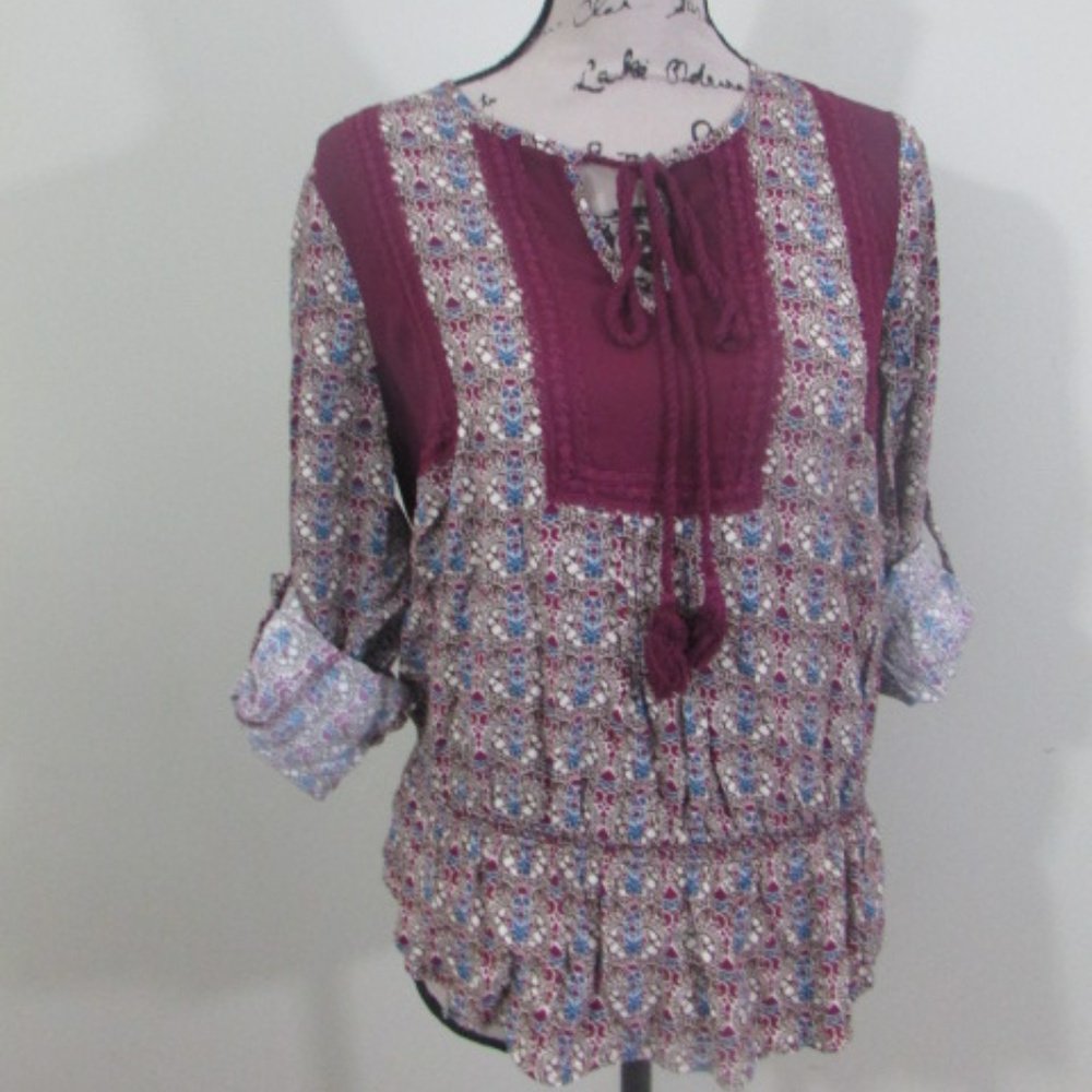 Daniel Rainn Blouse Boho Small Burgundy Print